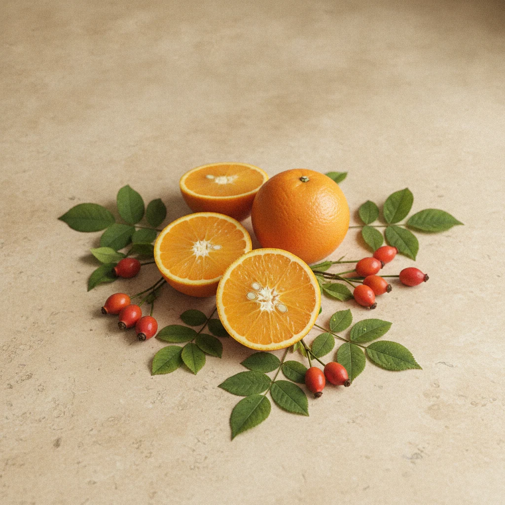 Frische Orangen, Hagebutten und grüne Blätter auf hellem Holztisch - natürliche Vitamin-C-Quellen