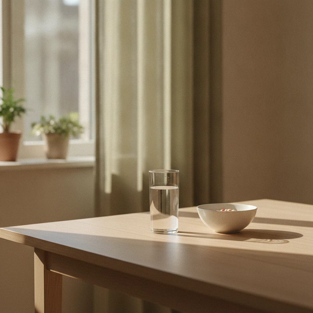Ein Glas Wasser und ein helles Frühstück auf einem Holztisch bei Morgenlichts - Symbolbild für die Tagesroutine