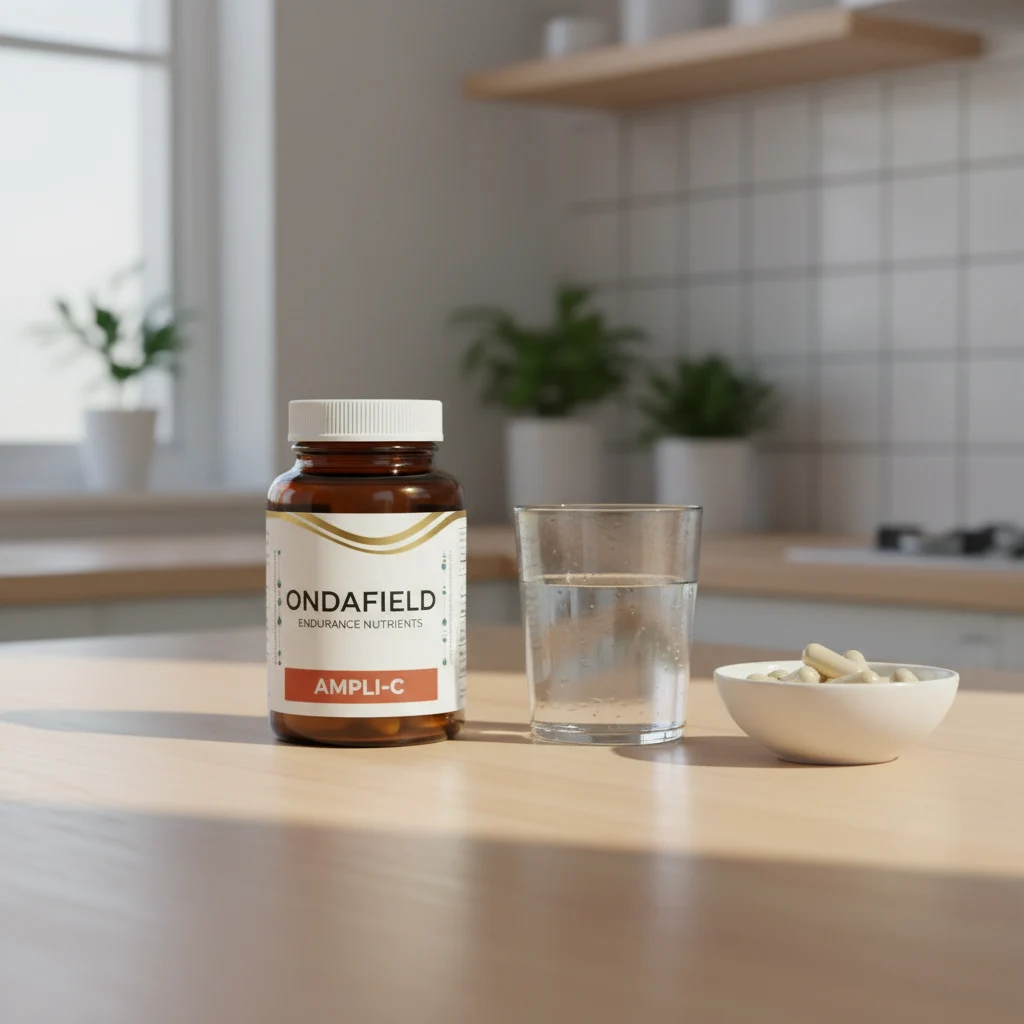 OndaField Endurance Nutrients Glasflasche auf einem hellen Küchentisch neben einem Glas Wasser